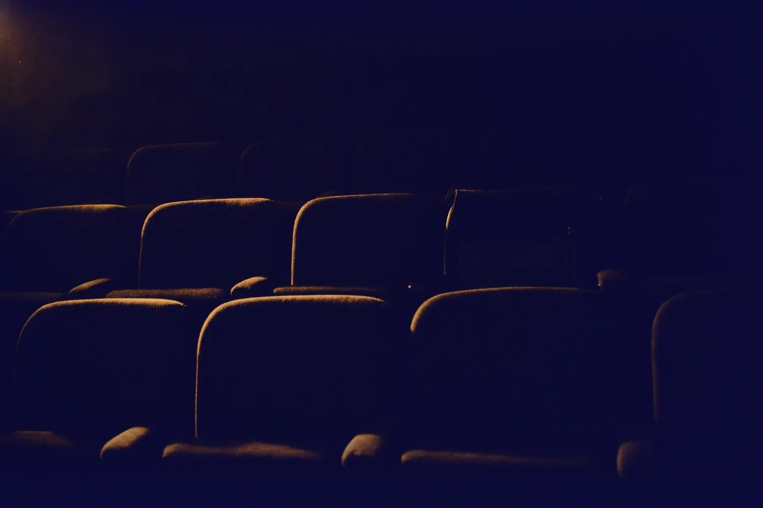 Fileiras de poltronas vazias de um auditório, vistas de quem está no palco.